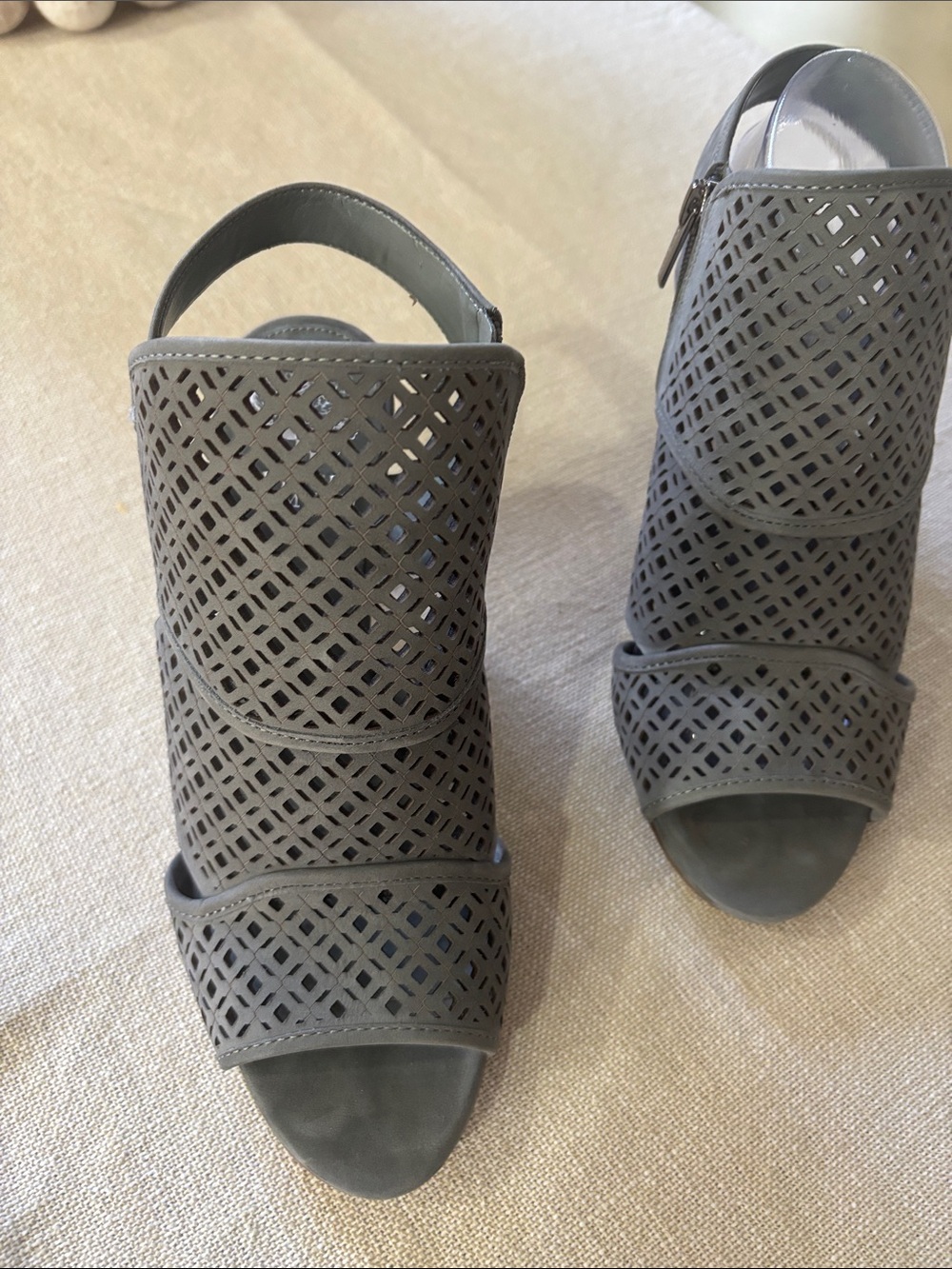 Vince Camuto Gray Laser-Cut Peep-Toe Slingback Heels